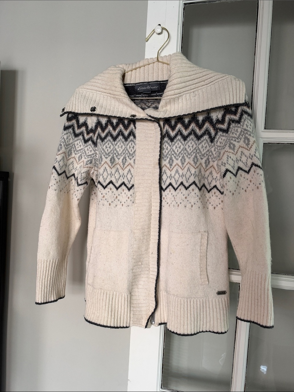 Eddie Bauer Cream Fair Isle Shawl-Collar Teddy Jacket